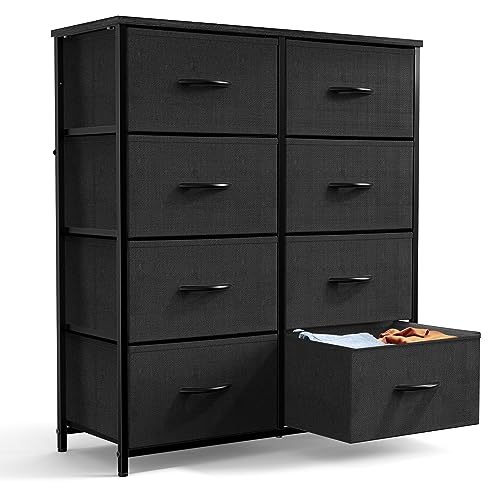 9-Drawer Dresser, Fabric Storage Tower for Bedroom, Hallway, Closet, Tall Chest Organizer Unit with Fabric Bins, Sturdy Steel Frame, Wood Top, Anti-Tilt, Easy Pull Handle, Black