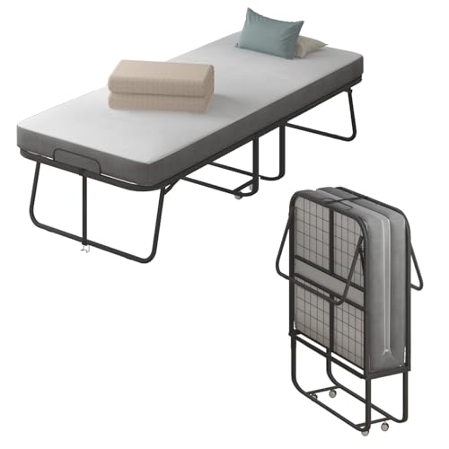 Folding Bed with Mattress for Adults, Portable Folding Bed with 4" Foam Mattress, Single Rollaway Beds with Metal Frame, Twin Size Foldable Bed Fold Away Bed Space Saving