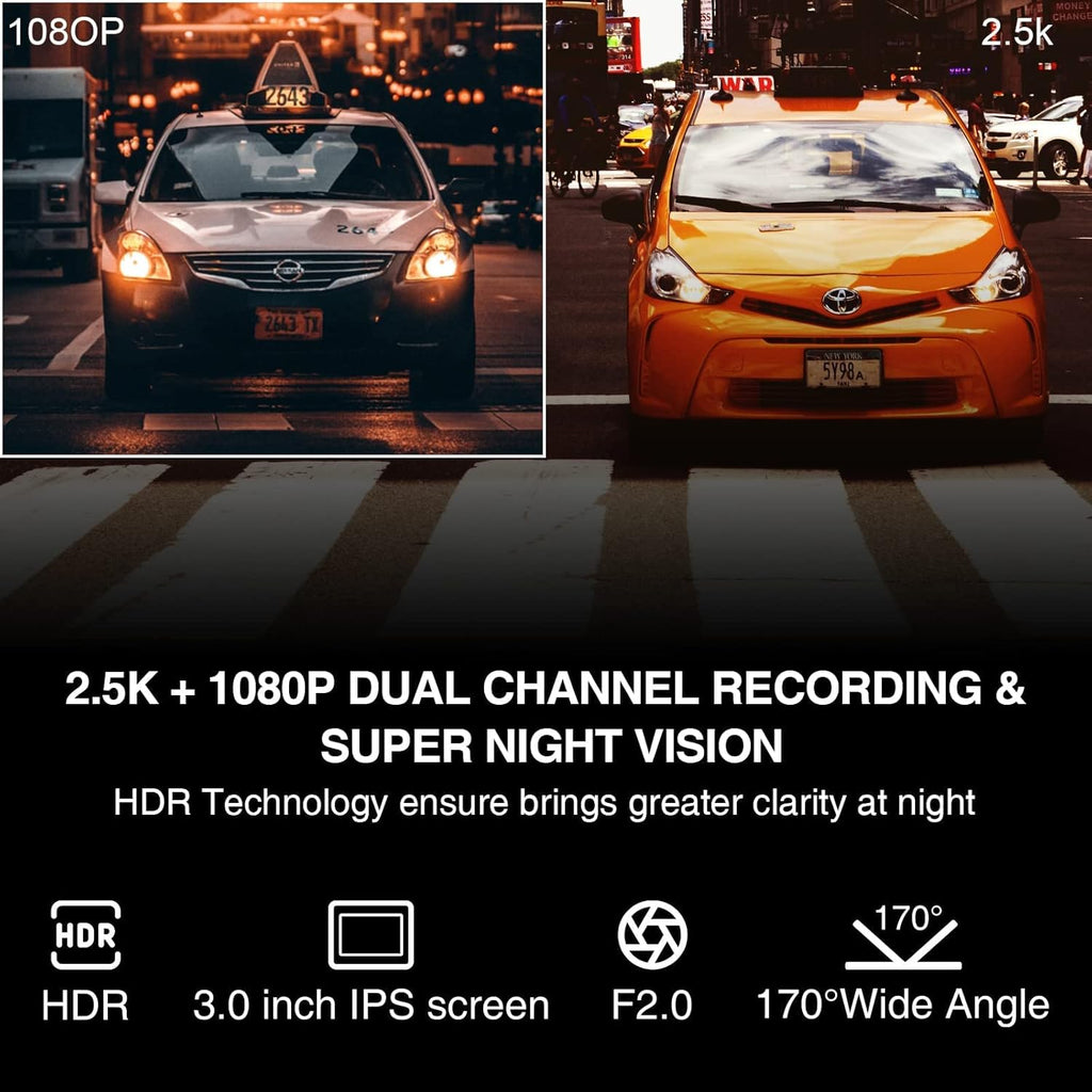 Dash Cam Front and Rear, 2.5K Dual Car Camera Recorder with Night Vision, 3" Screen, 170° Wide Angle Z5708