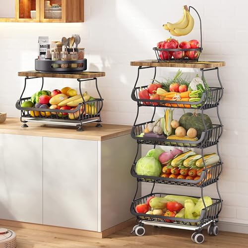 5 Tier Stackable Metal Wire Storage Basket with Wheels O2410