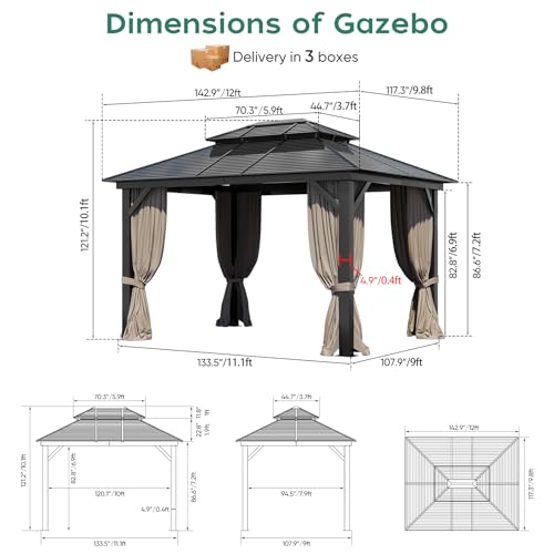 Outdoor Hardtop Gazebo 10x12FT with Double Roof and Netting I84902