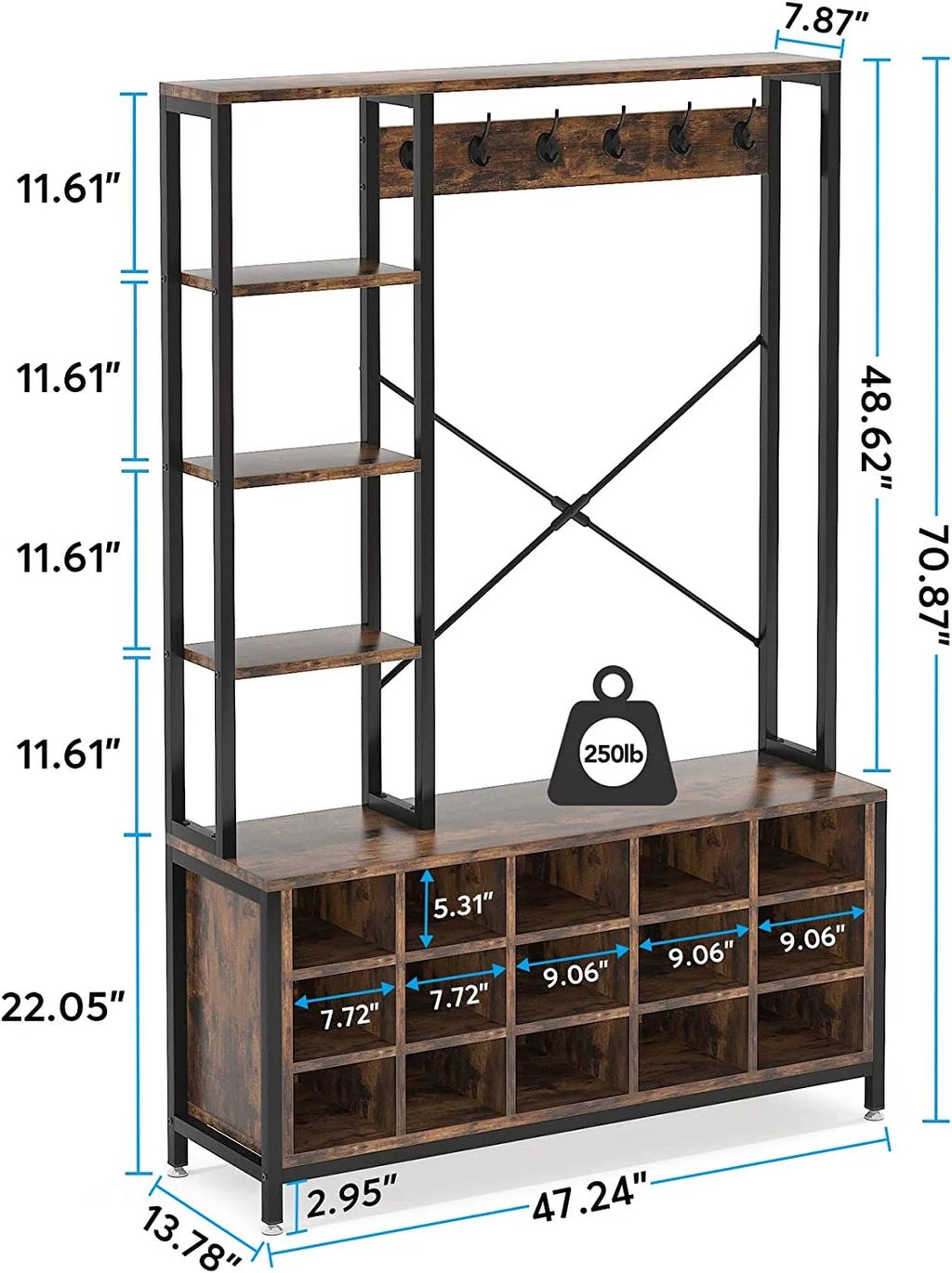 Entryway Hall Tree with Bench, Shoe Storage, and Coat Rack X548