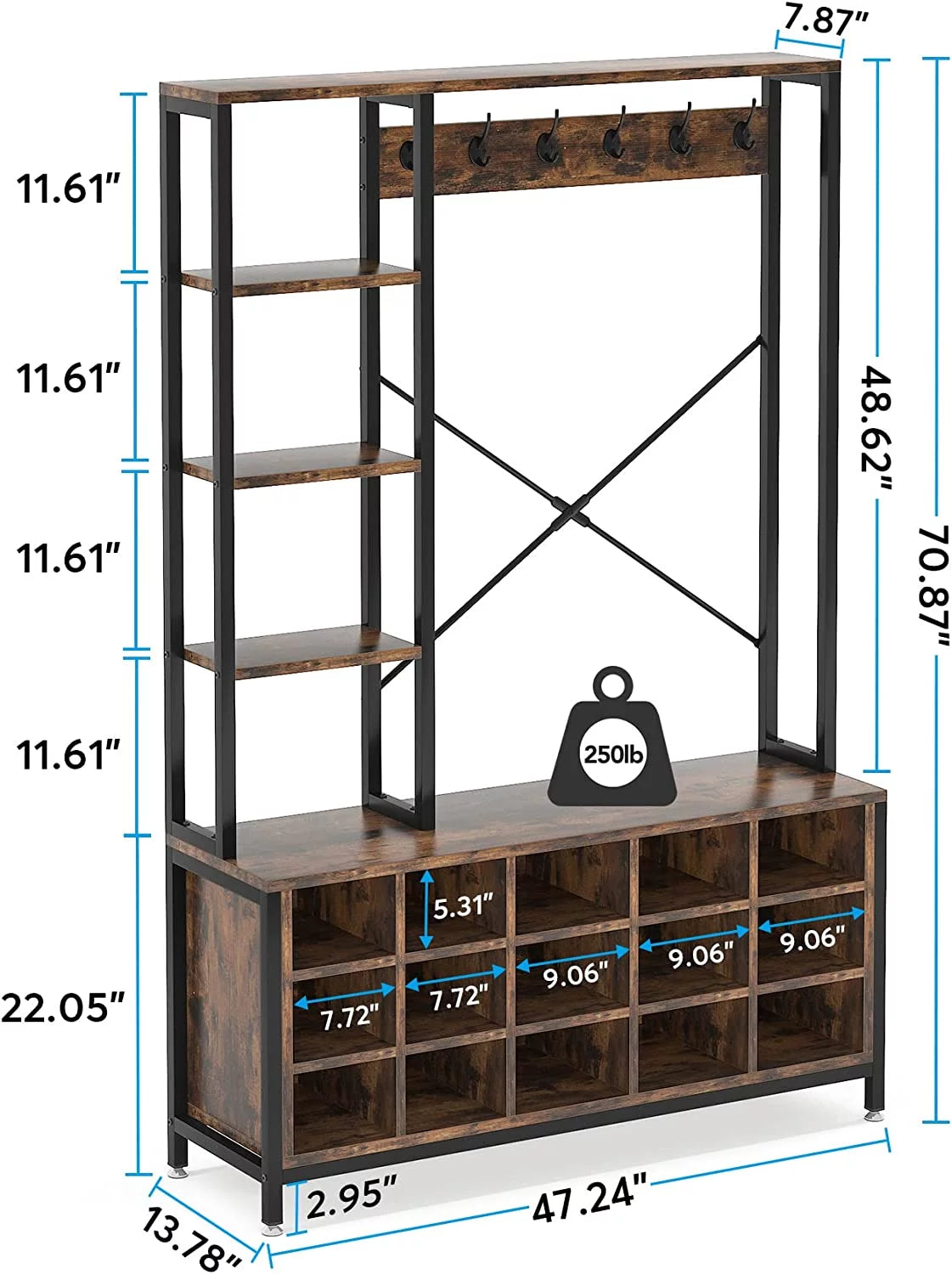 Entryway Hall Tree with Bench, Shoe Storage, and Coat Rack X548