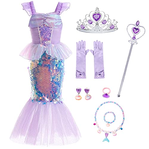 Little Girls Mermaid Princess Costume Sequins Party Dress for Toddler Kids Baby Halloween Dress Up with Accessories