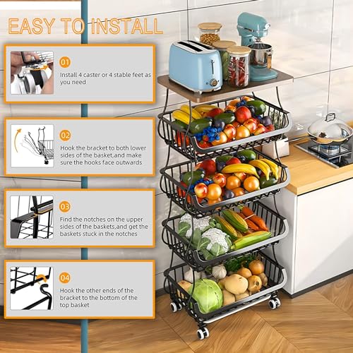 5 Tier Stackable Metal Wire Storage Basket with Wheels O2410