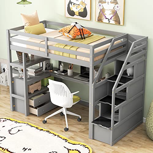 Loft Bed with Built-in L-Shaped Desk and Bookshelves, Solid Wood Frame with Safety Guardrail and Storage Staircase B5339