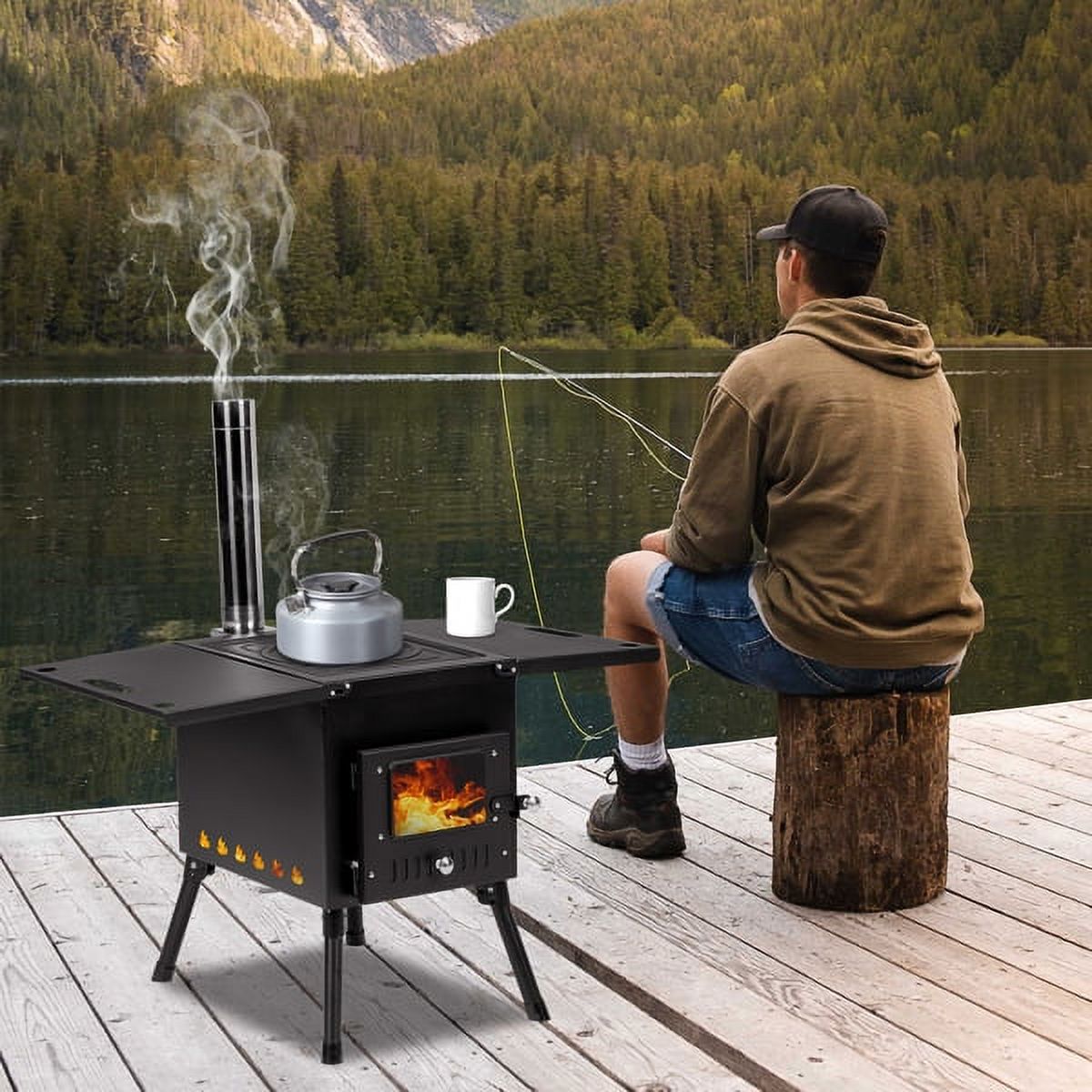 Outdoor Wood Burning Stove with Chimney Pipes for Camping, Cooking, Ice Fishing G379328