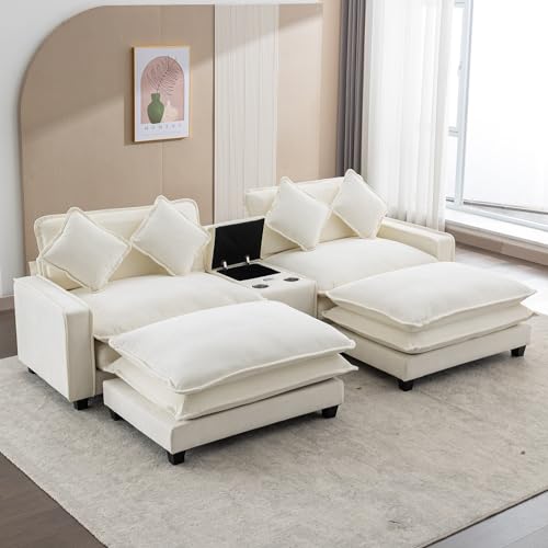 Sectional Sofa with Removable Ottoman, USB Ports, Cup Holders and Storage, 2-Seat, Beige J5144
