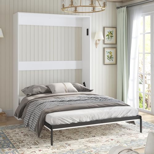 Murphy Bed with Wardrobe, Foldable Wall Bed with Side Cabinet for Guest Room, Dark Grey I218