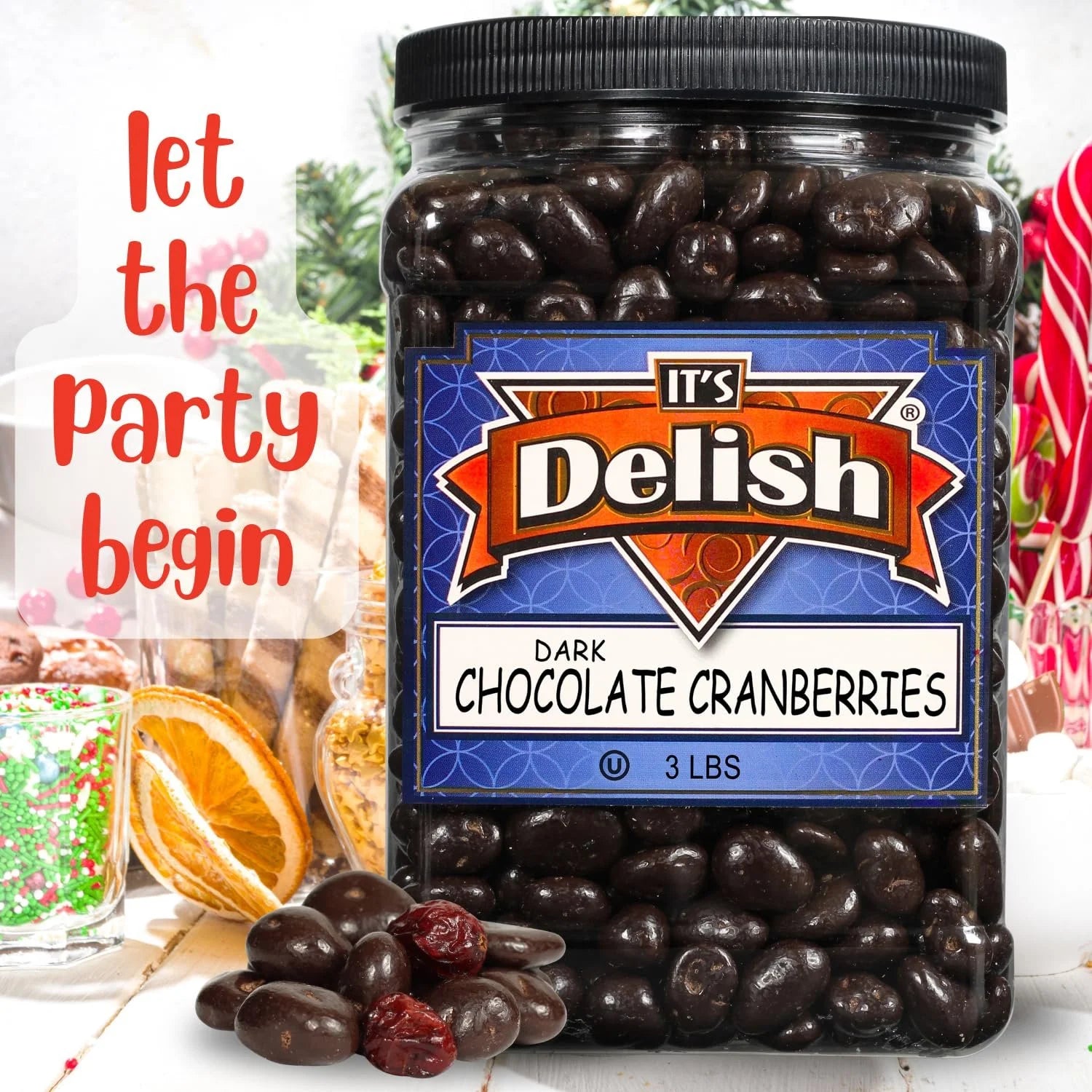 Dark Chocolate Covered Cranberries, 3 LBS Jumbo Container, Vegan, Kosher B18392