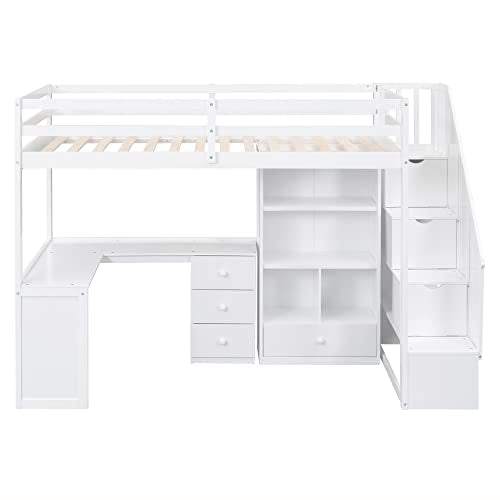 Twin Size Loft Bed with Storage Stairs and Wardrobes U8458