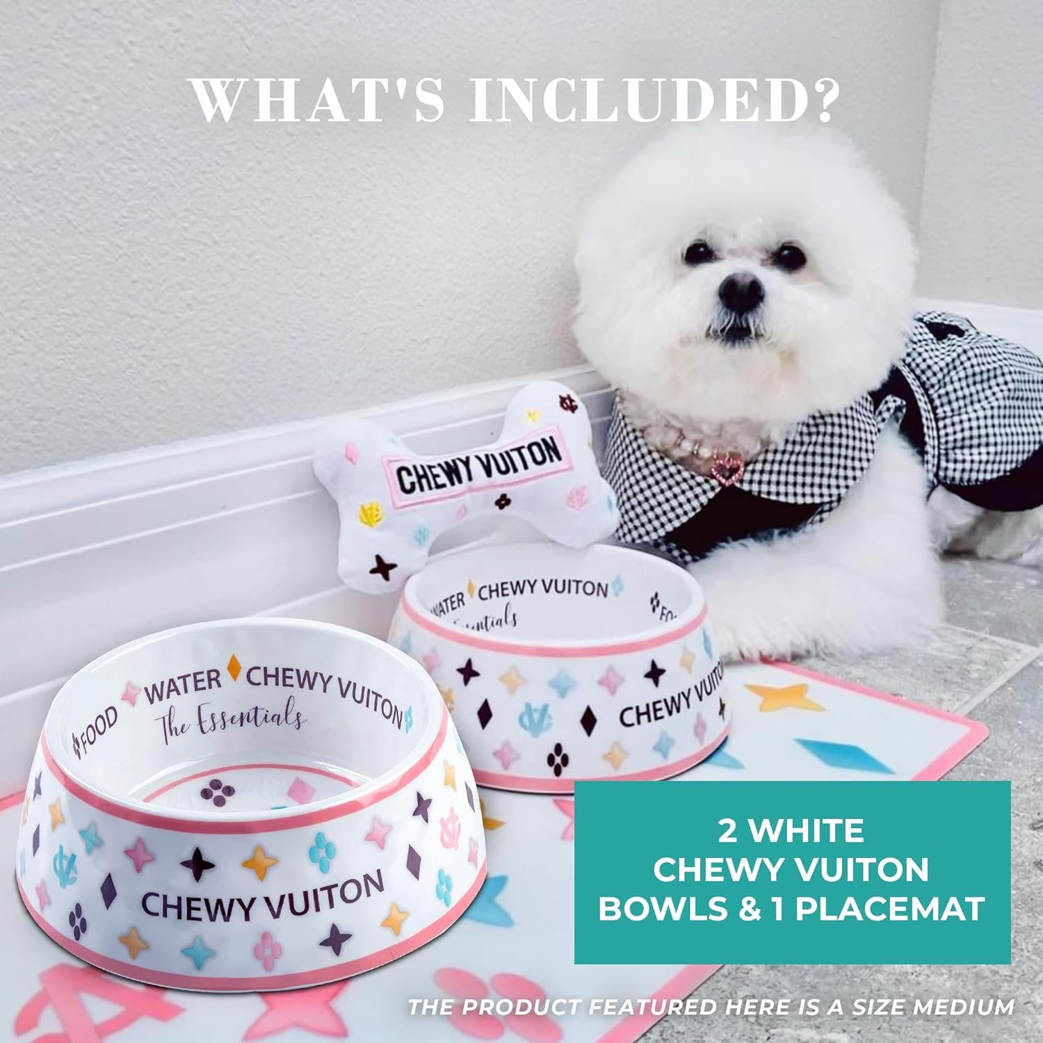 White Chewy Dog Bowls & Placemat, BPA-Free, Non-Skid, Dishwasher Safe, Small, 2-Pack Y1319