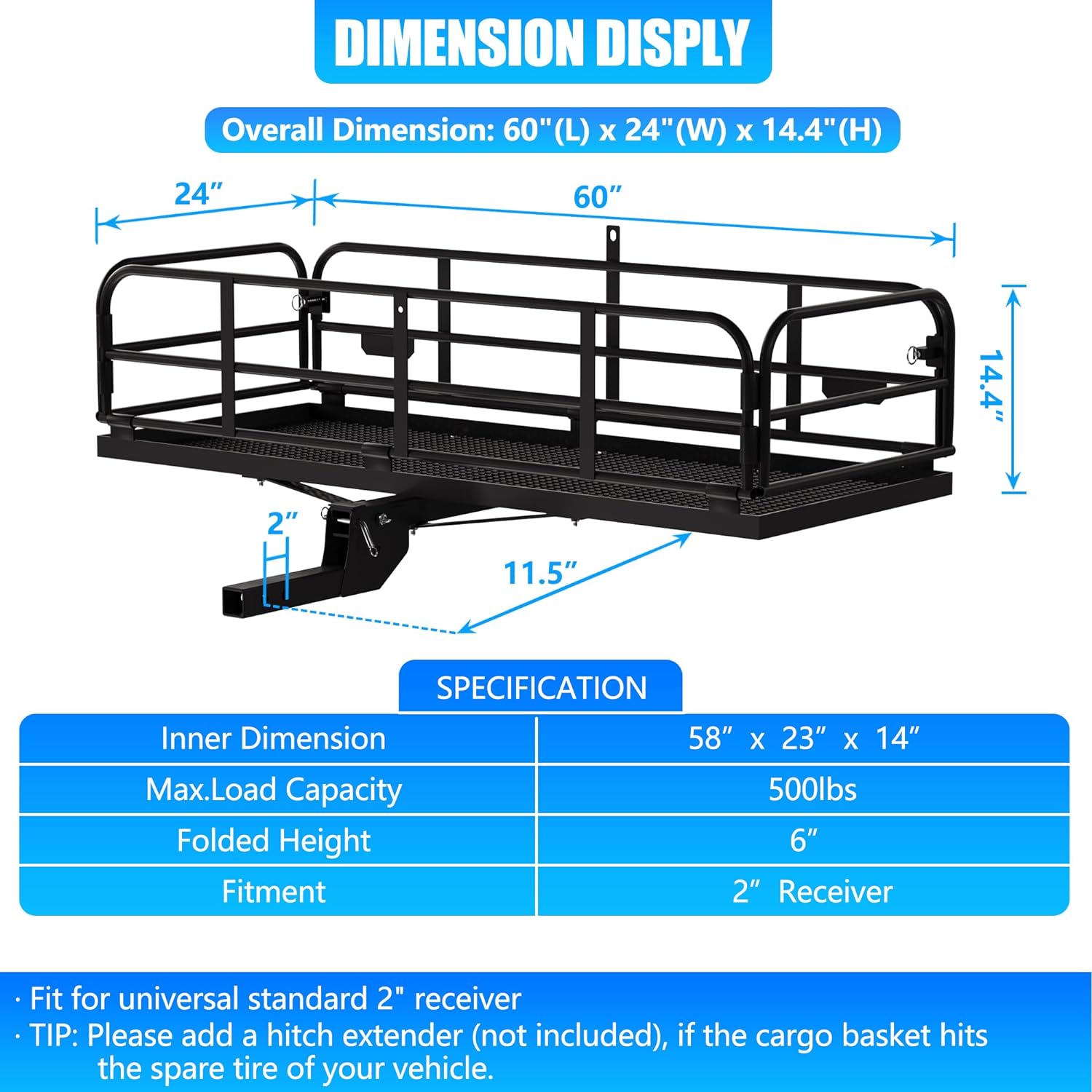Hitch Mount Cargo Carrier 60" x 24" Folding Rack for Car SUV Y44846
