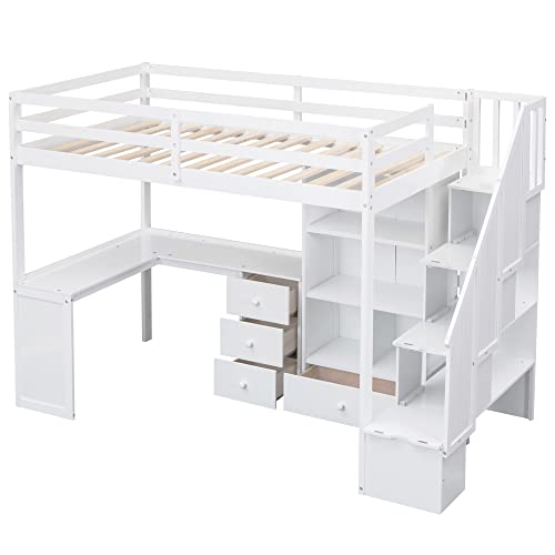 Twin Size Loft Bed with Storage Stairs and Wardrobes U8458