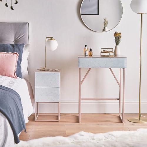 Glass Small Nightstand with 2 Drawer, Marble Tall Bedside Table for Bedroom V50111