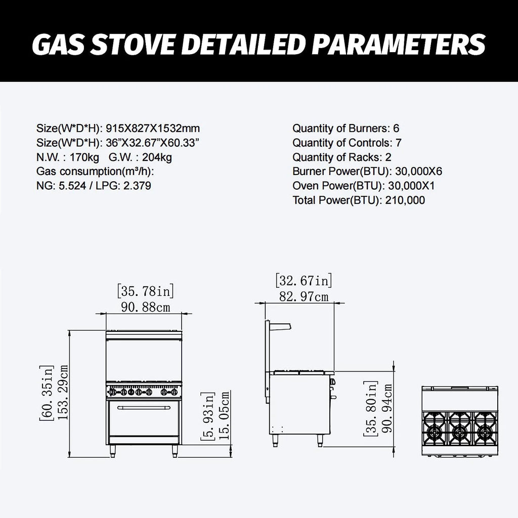 36" Gas Range Stove with 6 Burners for Commercial Kitchens A83421