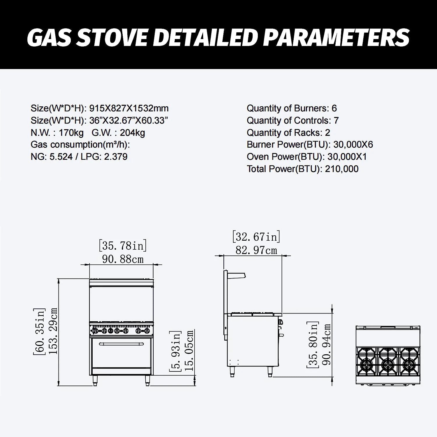 36" Gas Range Stove with 6 Burners for Commercial Kitchens A83421
