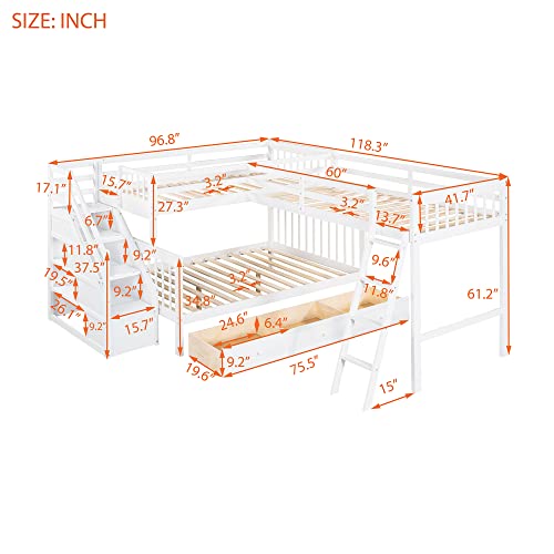 Triple Bunk Bed with Drawers and Stairway, L-Shaped Loft Bed Combo G408