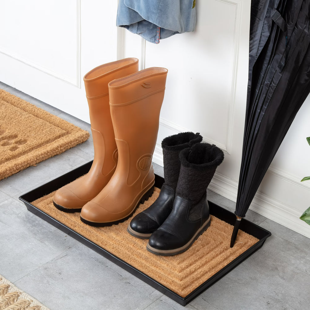 Black Metal Boot Tray with Cross Embossed Coir Insert