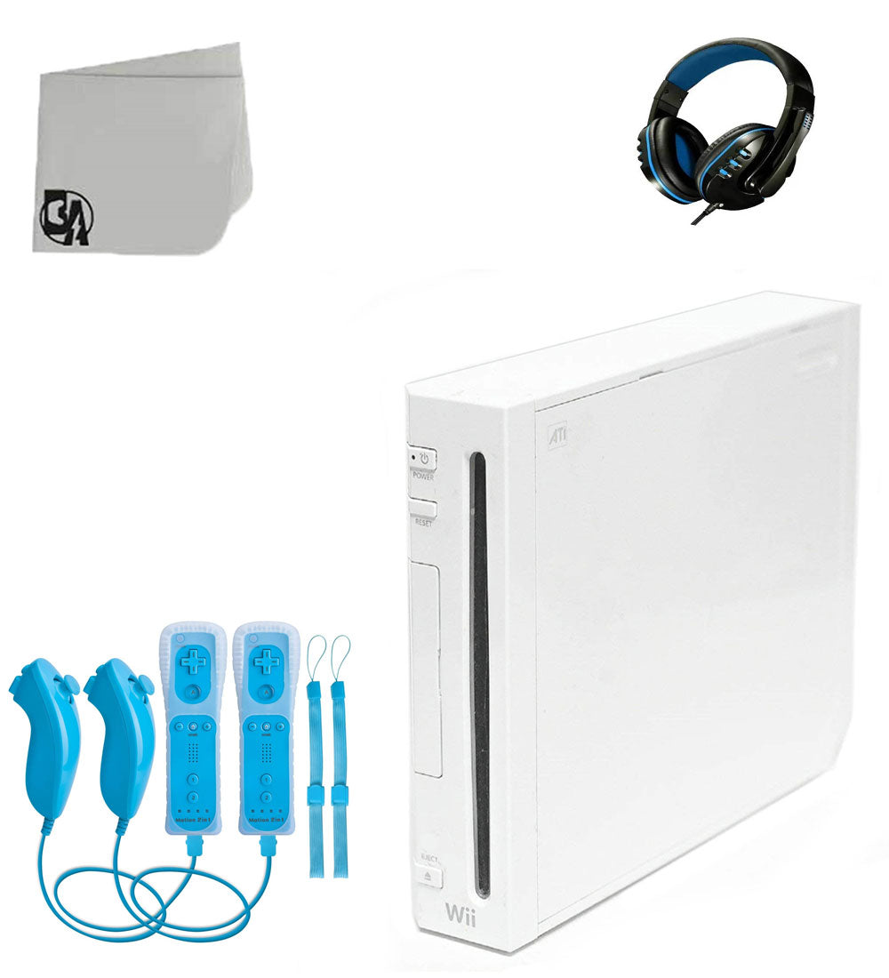 Nintendo Wii White Gaming Console With 2 Waterblue Gaming Controller + Head Set BOLT AXTION Bundle Like New