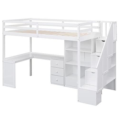 Twin Size Loft Bed with Storage Stairs and Wardrobes U8458
