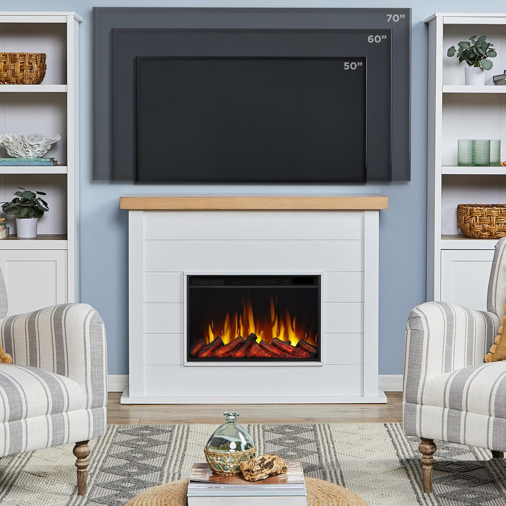 Slim Electric Fireplace with Mantel, Remote Control, White J14823