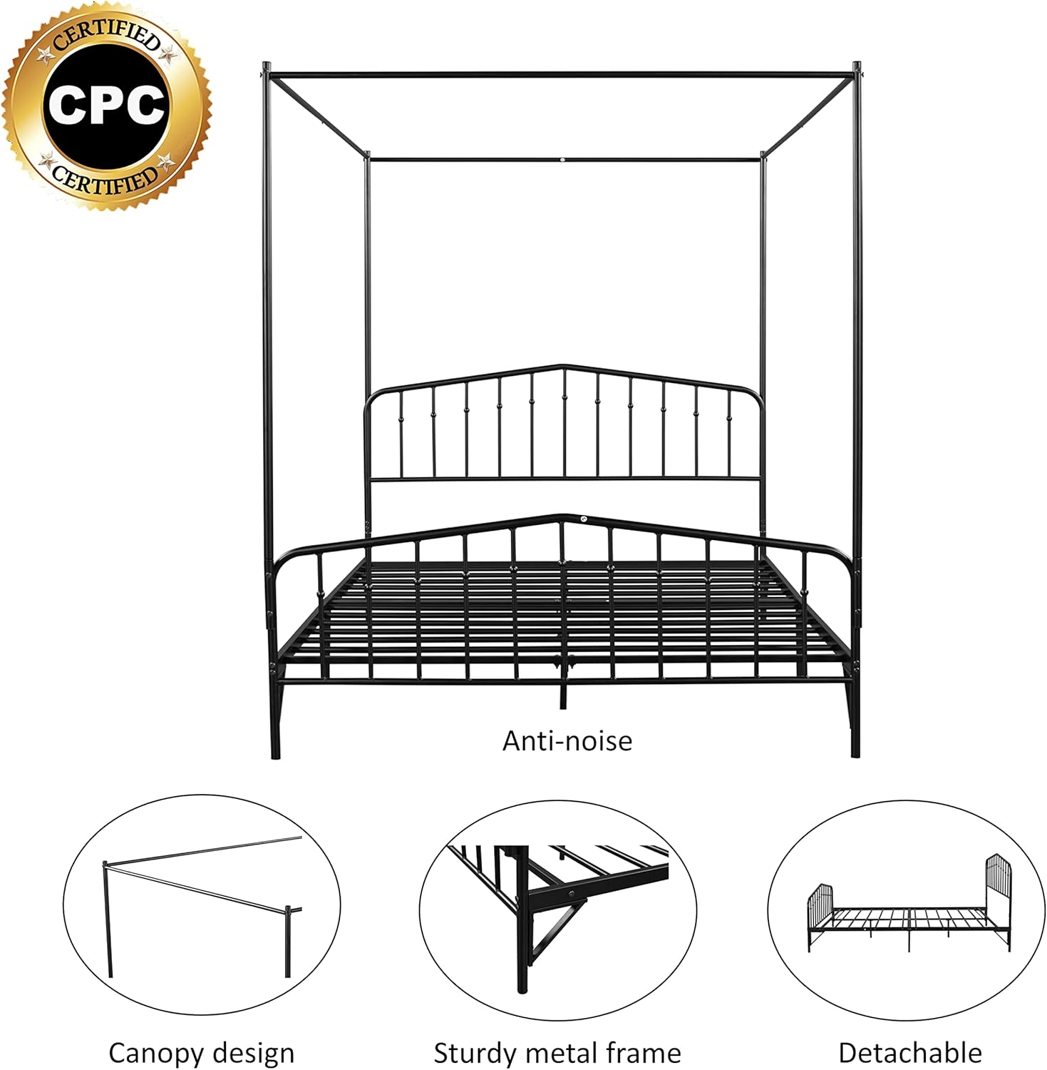 Metal Canopy Bed Frame with Ornate Headboard, Black, Queen A70815