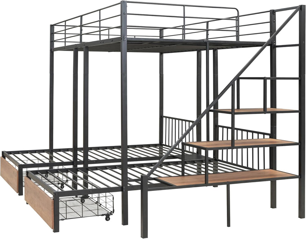 Triple Bunk Bed with Storage, Full over Twin & Twin, Separable into 3 Beds, Black V722106