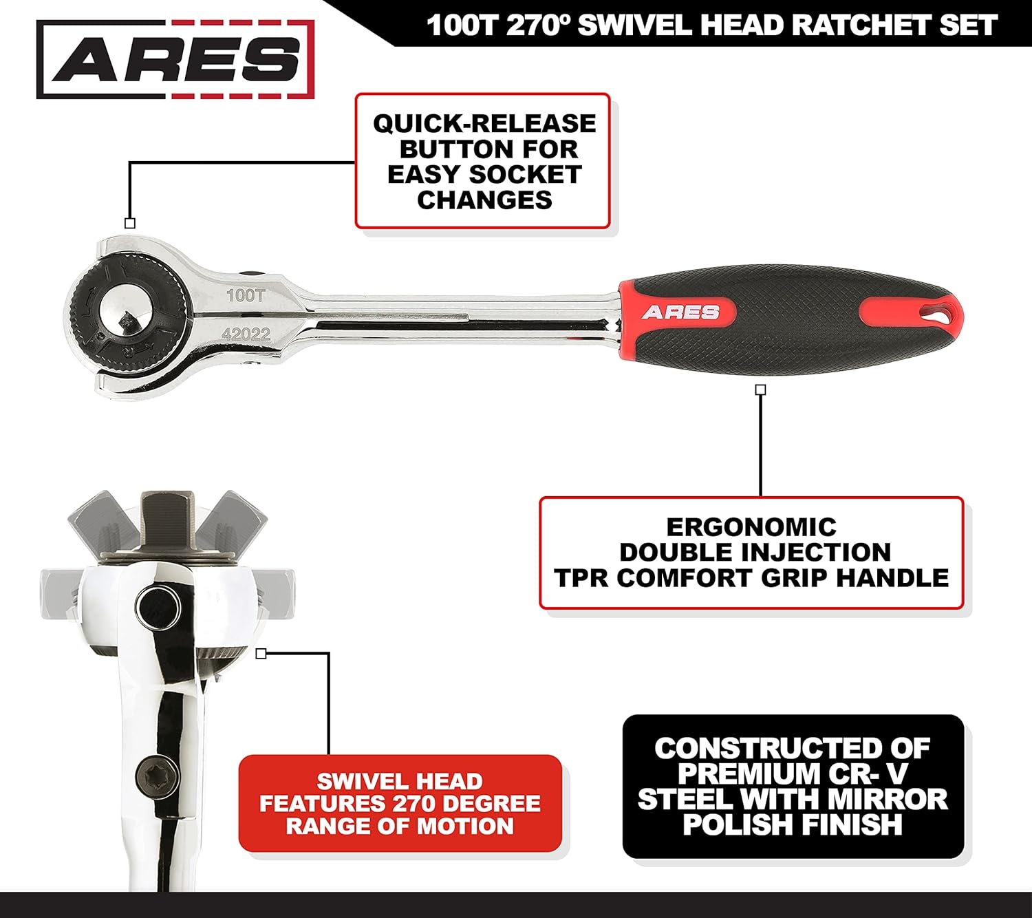 3-Piece 100-Tooth Swivel Head Ratchet Set - 1/4, 3/8, 1/2-Inch Drive X374160