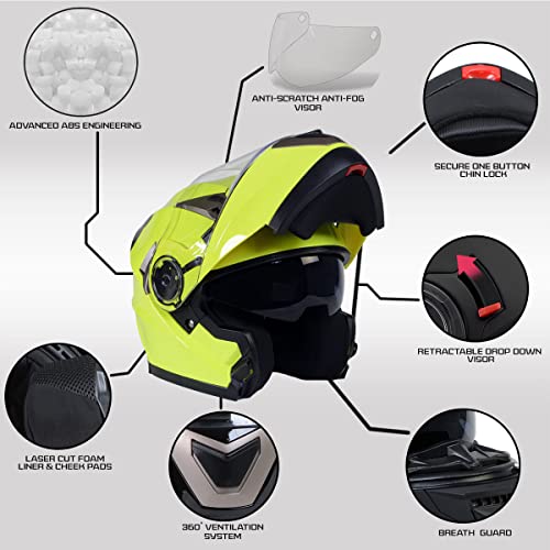 Modular Motorcycle Helmet with Drop Down Visor, Neon Yellow, X-Large G576706