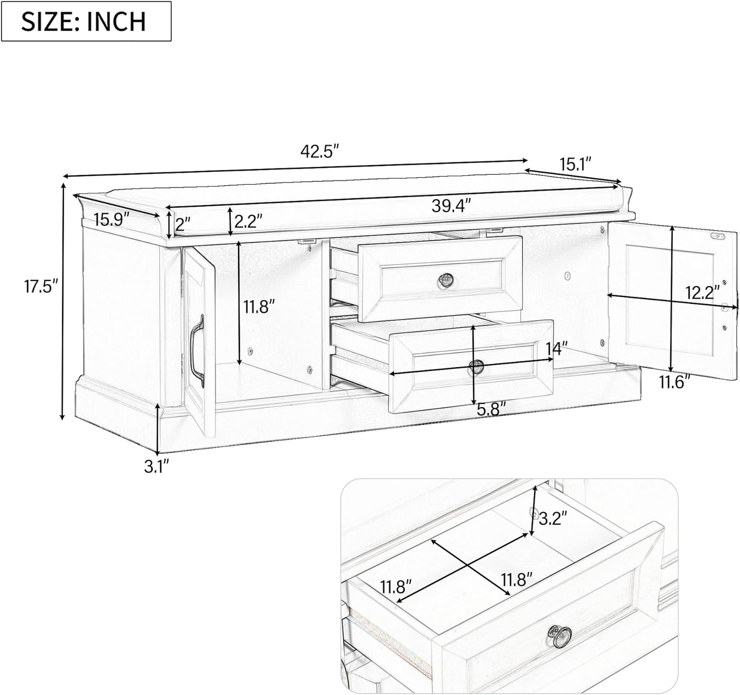 Storage Bench with 2 Drawers and 2 Cabinets, Removable Cushion, Black H95062
