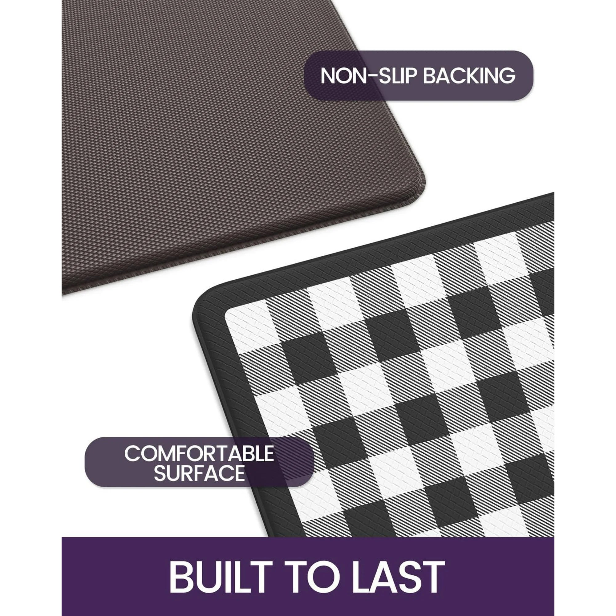 Kitchen Floor Mats Anti Fatigue, Large Wide Cushioned Runner Rug, Waterproof Non Skid, Black and White Buffalo Plaid B21378