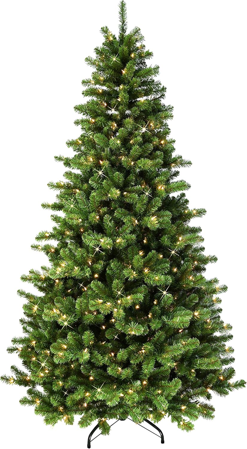 Puleo International 7.5' Pre Vermont Spruce Sure-Lit Pole and 550 UL-Listed Clear Incandescent Lights Artificial Christmas Tree, Green