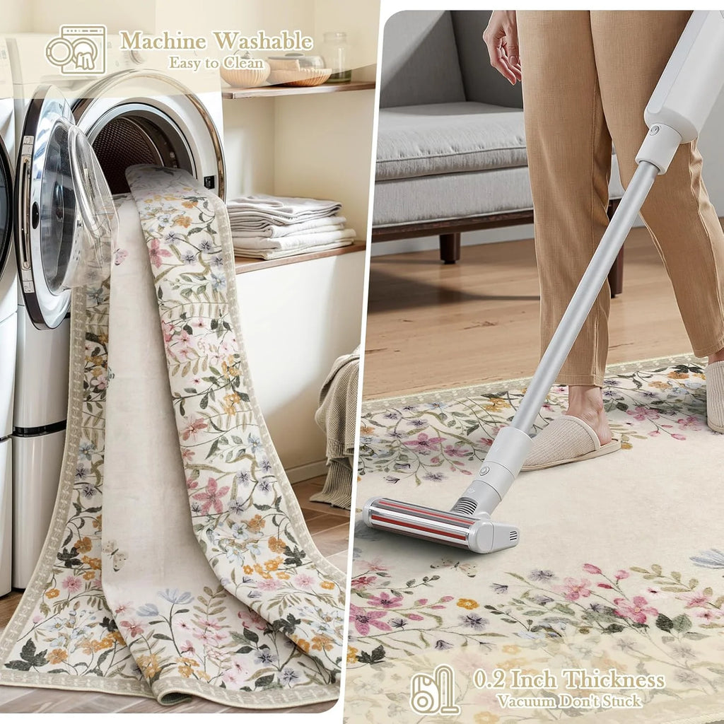 Washable Green Floral Area Rug 4x6, Non-Slip Low-Pile Indoor Carpet O8865