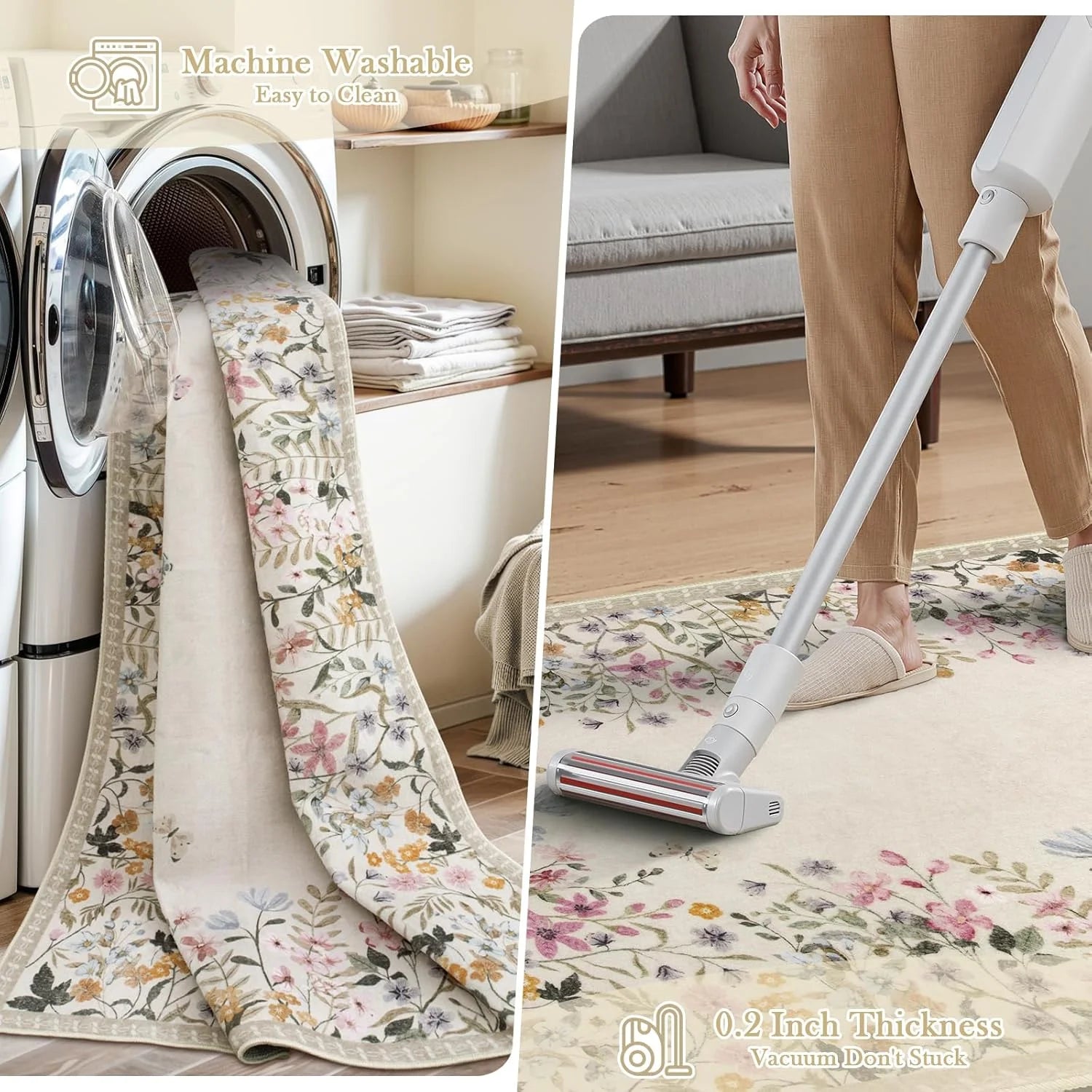 Washable Green Floral Area Rug 4x6, Non-Slip Low-Pile Indoor Carpet O8865