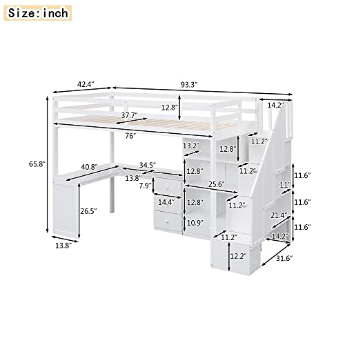 Twin Size Loft Bed with Storage Stairs and Wardrobes U8458