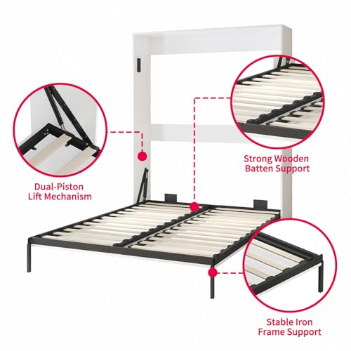 Murphy Bed with Wardrobe, Foldable Wall Bed with Side Cabinet for Guest Room, Dark Grey I218