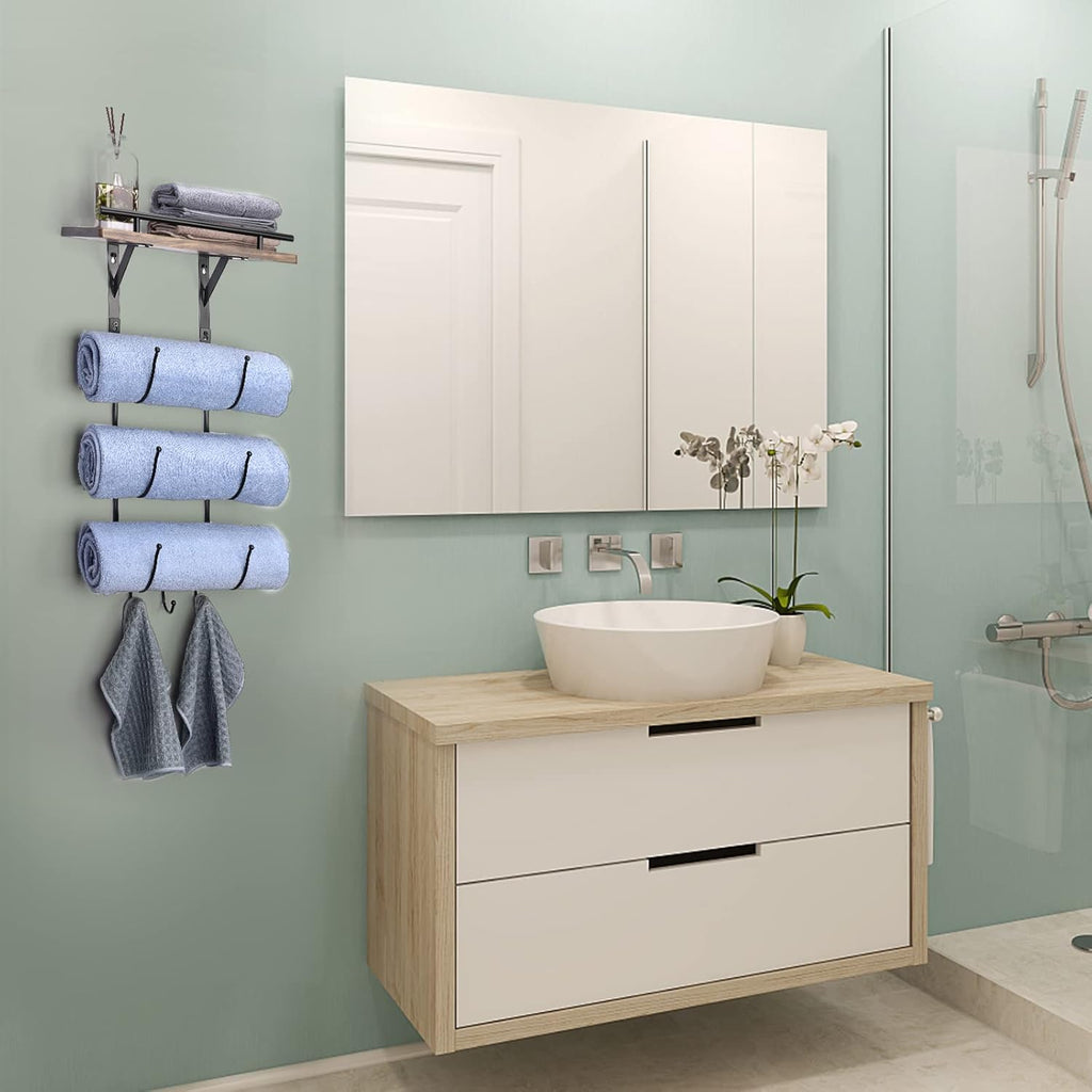 Wall Mounted Metal Towel Rack with Wooden Shelf and 3 Hooks P1472