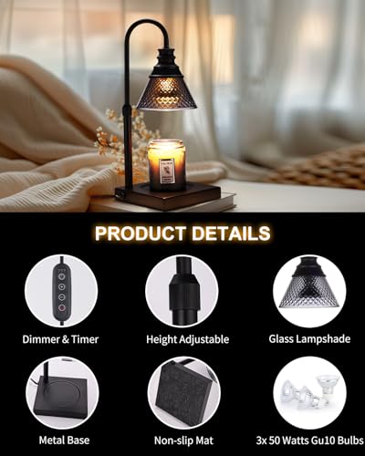 Candle Warmer Lamp with Timer and Dimmer, Height Adjustable, 3 Bulbs, Black F785934