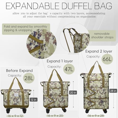Rolling Duffel Bag with Wheels, Foldable Expandable Travel Luggage, Carry-On Weekend Bag R738