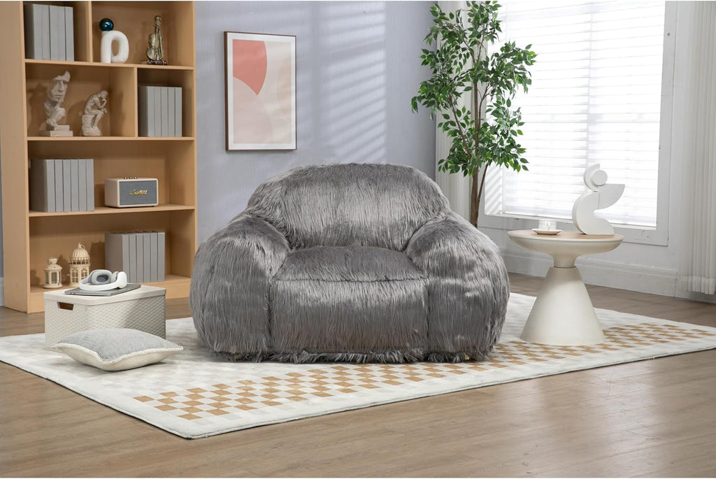Modern Bean Bag Chair Sofa Lazy Grey Long Hair Single Living Room Focus Fireside Chevron Lake House Contemporary Solid Foam Microfiber