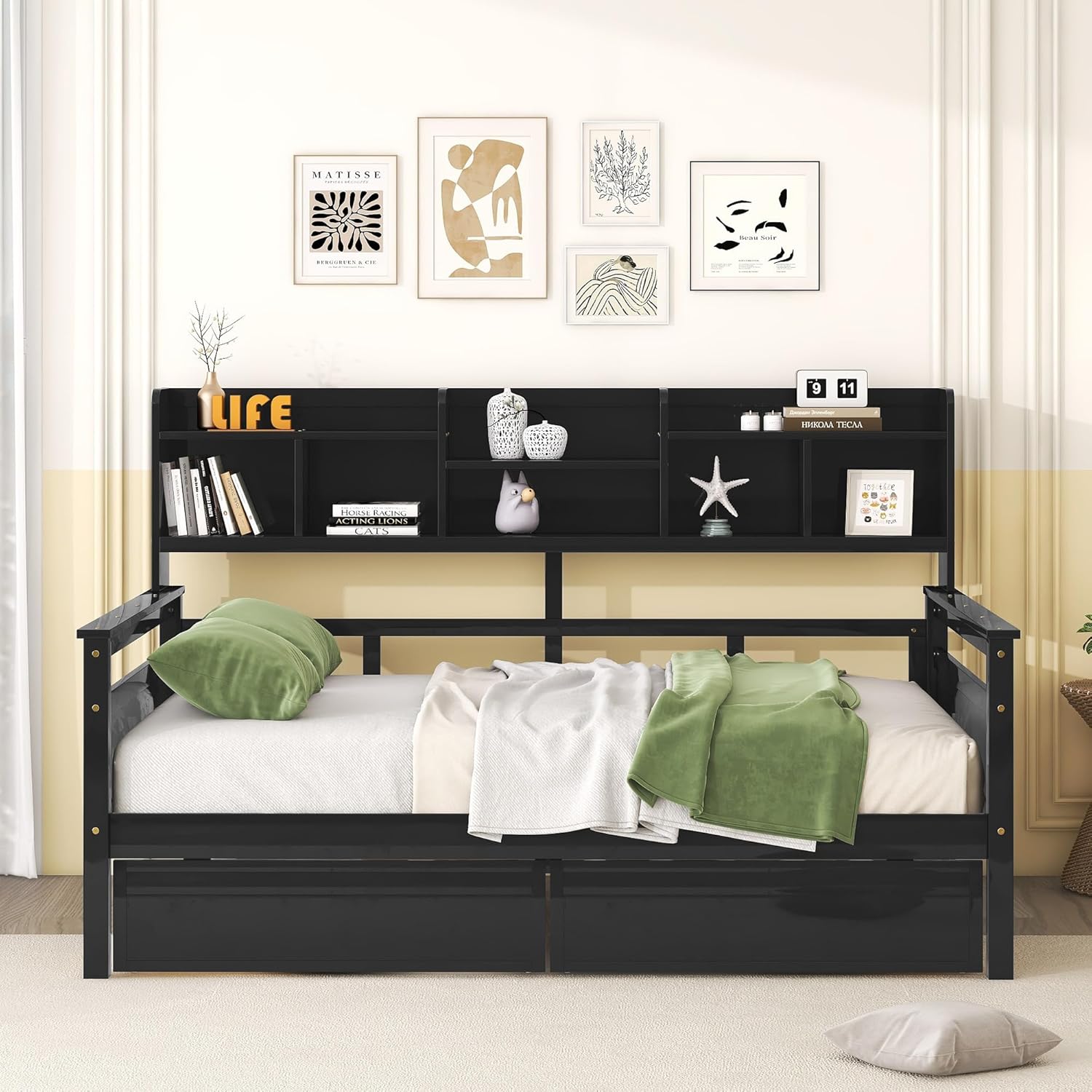 Wood Daybed with 2 Storage Drawers and Bedside Shelves O7841