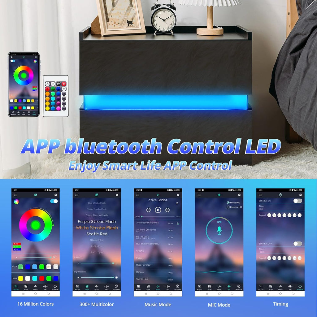 LED Nightstand with 2 Drawers, Black High Gloss Bedside Table W1059