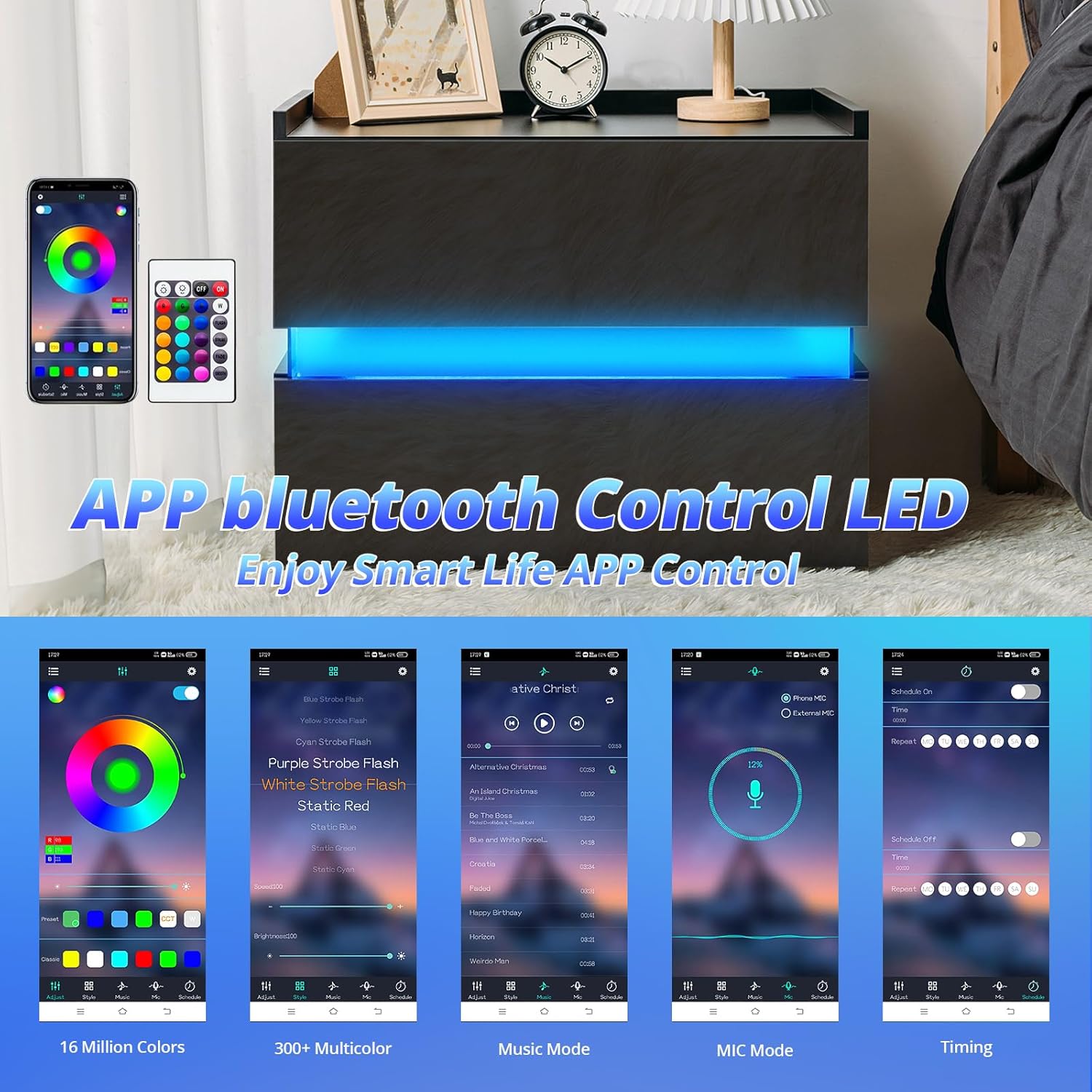 LED Nightstand with 2 Drawers, Black High Gloss Bedside Table W1059