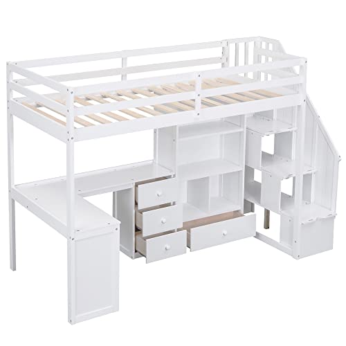Twin Size Loft Bed with Storage Stairs and Wardrobes U8458