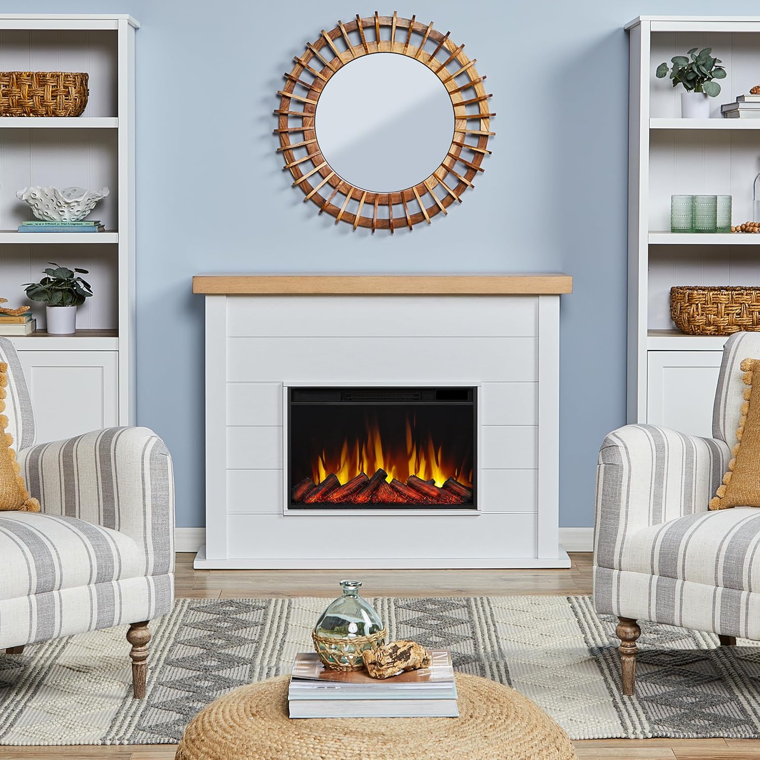 Slim Electric Fireplace with Mantel, Remote Control, White J14823
