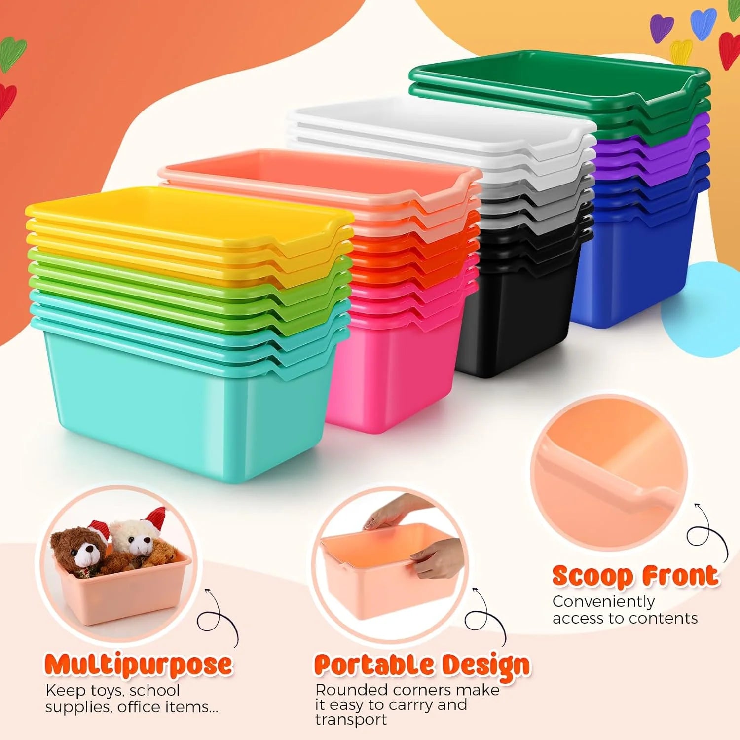 24 Pack Plastic Cubby Bins for Classroom Toy Storage, Stackable Assorted Colors G29717
