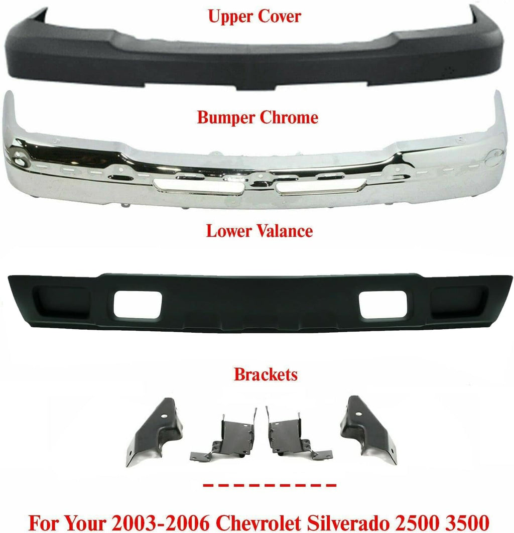 Front Bumper Chrome Steel with Upper Cover Lower Valance and Brackets for 2003-2006 Silverado 2500HD 3500 G5187