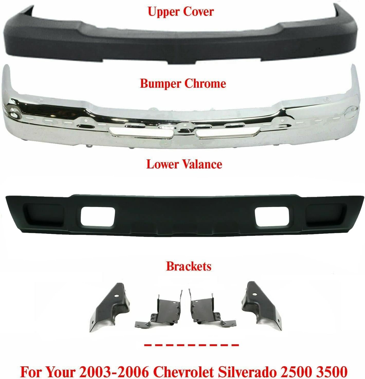 Front Bumper Chrome Steel with Upper Cover Lower Valance and Brackets for 2003-2006 Silverado 2500HD 3500 G5187
