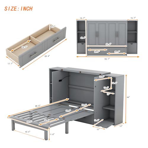 Queen Size Murphy Bed Cabinet with Storage and USB Ports A9613
